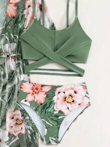 Tween Girl Tropical Print Crisscross Bikini Set With Kimono Summer Beach - Green - View 3