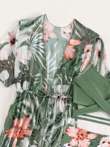 Tween Girl Tropical Print Crisscross Bikini Set With Kimono Summer Beach - Green - View 4