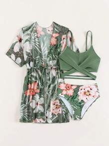 Tween Girl Tropical Print Crisscross Bikini Set With Kimono Summer Beach - Green - View 5