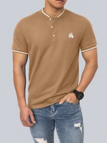 Manfinity Homme Men Horse Print Striped Trim Polo Shirt - Khaki - View 1
