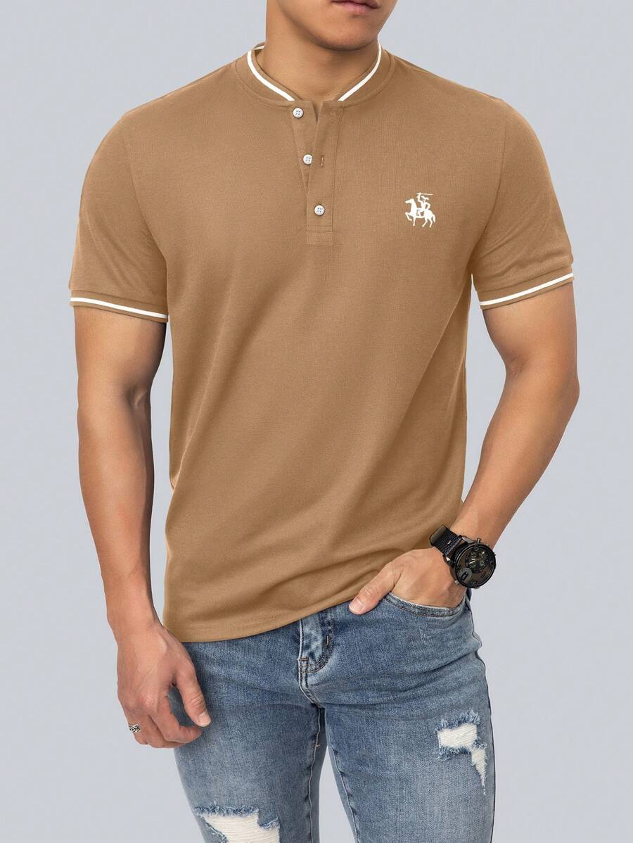 Manfinity Homme Men Horse Print Striped Trim Polo Shirt - Khaki - View 1