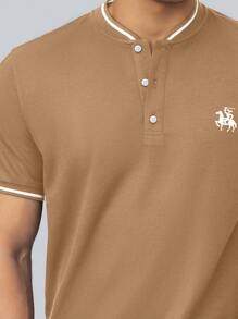 Manfinity Homme Men Horse Print Striped Trim Polo Shirt - Khaki - View 3