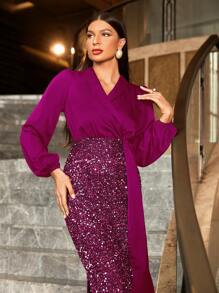 Modelyn 青果領燈籠袖側打結亮片拼接連衣裙 - 紫羅蘭色 - 查看 7