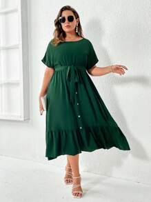 SHEIN LUNE Đầm Plus Size Thắt lưng Viên lá sen Nút phía trước màu trơn Giải trí - màu xanh lá - Xem 1