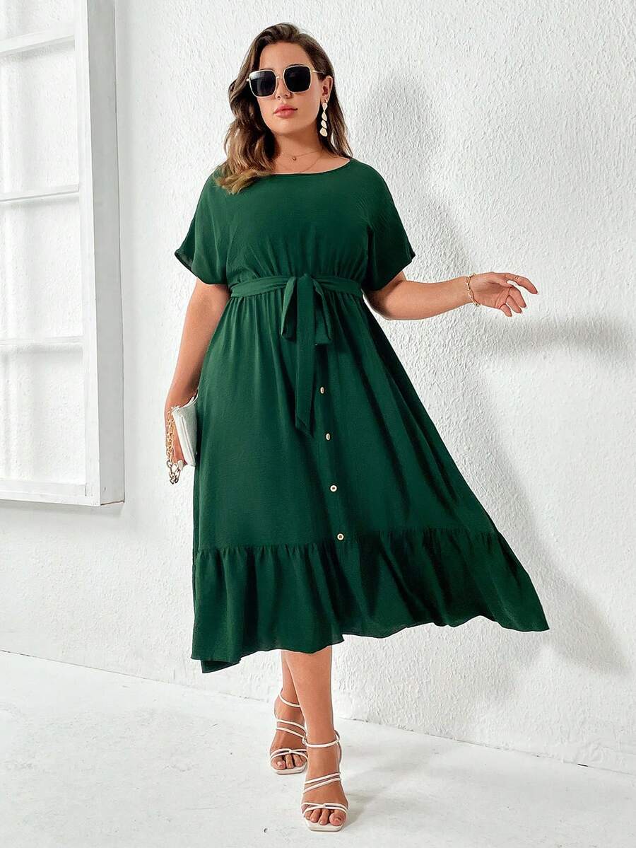 SHEIN LUNE Đầm Plus Size Thắt lưng Viên lá sen Nút phía trước màu trơn Giải trí - màu xanh lá - Xem 1