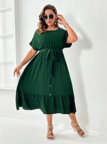 SHEIN LUNE Đầm Plus Size Thắt lưng Viên lá sen Nút phía trước màu trơn Giải trí - màu xanh lá - Xem 3