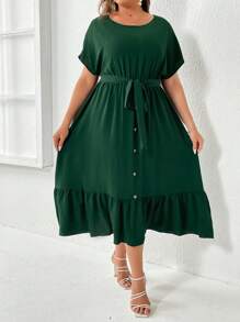 SHEIN LUNE Đầm Plus Size Thắt lưng Viên lá sen Nút phía trước màu trơn Giải trí - màu xanh lá - Xem 4
