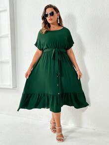 SHEIN LUNE Đầm Plus Size Thắt lưng Viên lá sen Nút phía trước màu trơn Giải trí - màu xanh lá - Xem 5