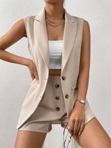 Chiquease Bộ âu phục nữ Nút phía trước màu trơn Thanh lịch - Màu be - Xem 5