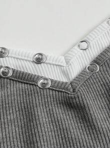 SHEIN ICON 拼接邊金屬氣眼短款抹胸上衣 - 灰色 - 查看 6