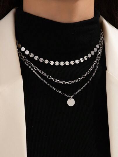 1入組時尚鋅合金唱片墜飾多層次項鍊適合女士日常裝飾