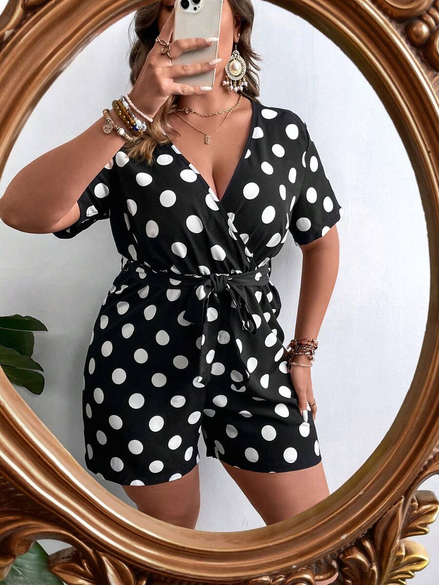 SHEIN LUNE Plus Polka Dot Print Belted Romper - Black and White - View 1