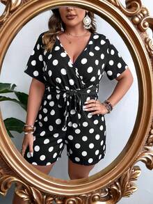 SHEIN LUNE Plus Polka Dot Print Belted Romper - Black and White - View 3