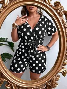 SHEIN LUNE Plus Polka Dot Print Belted Romper - Black and White - View 4