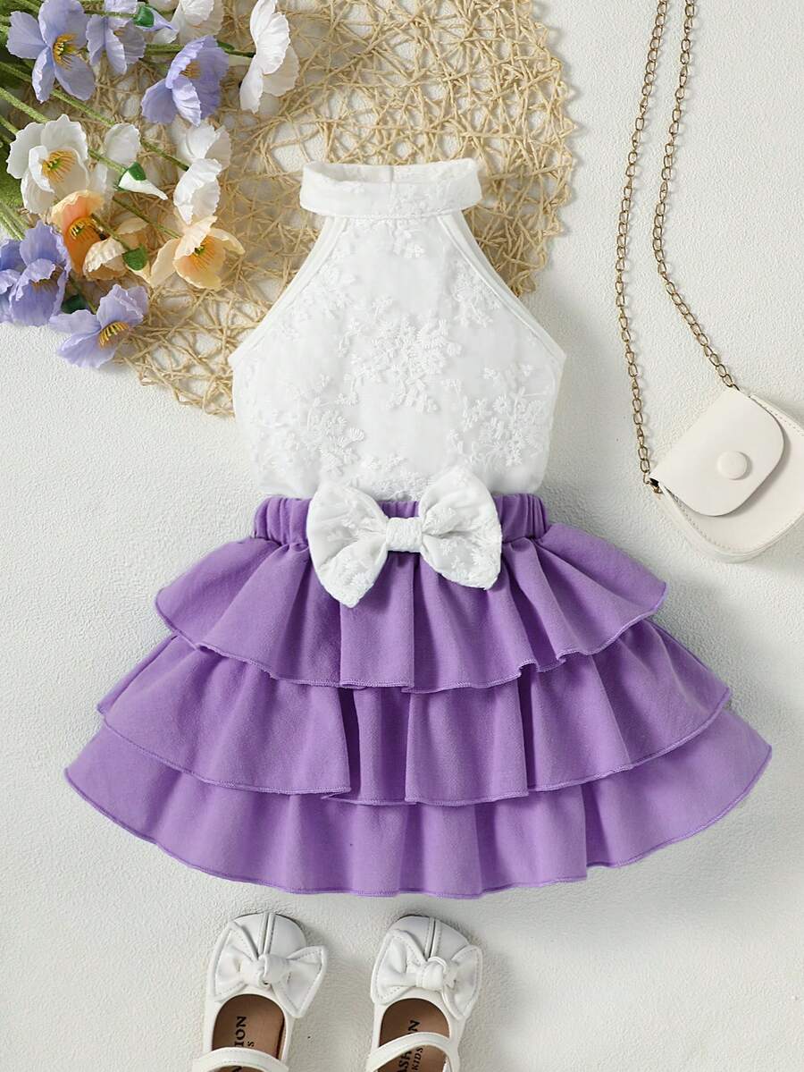Baby Embroidery Mesh Halter Top & Bow Front Layered Hem Skirt - Multicolor - View 1