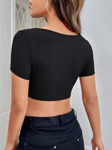 SHEIN EZwear 大圓領短款T恤 - 黑色 - 查看 2