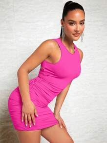 SHEIN BAE 後鏤空褶邊緊身連衣裙 - 玫紅色 - 查看 5