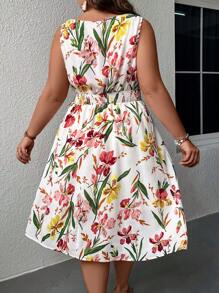 SHEIN Holidaya Đầm Plus Size Thắt nút Dải chun Hoa Tất cả trên in Boho - Nhiều màu - Xem 2