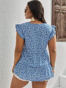 SHEIN VCAY Plus Ditsy Floral Print Ruffle Trim Peplum Blouse - Blue and White - View 2
