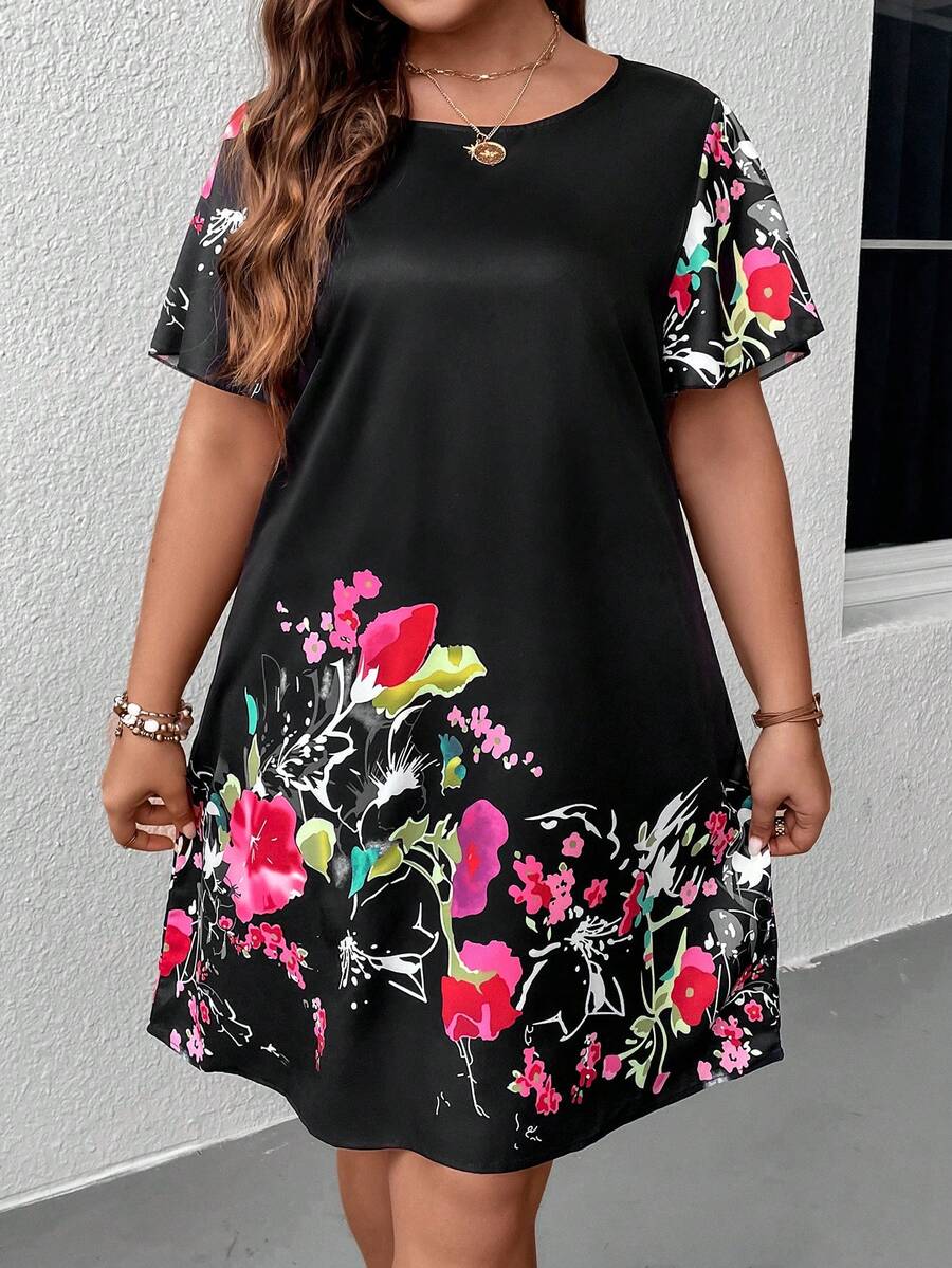 SHEIN LUNE Đầm Plus Size Hoa Boho - màu đen - Xem 1