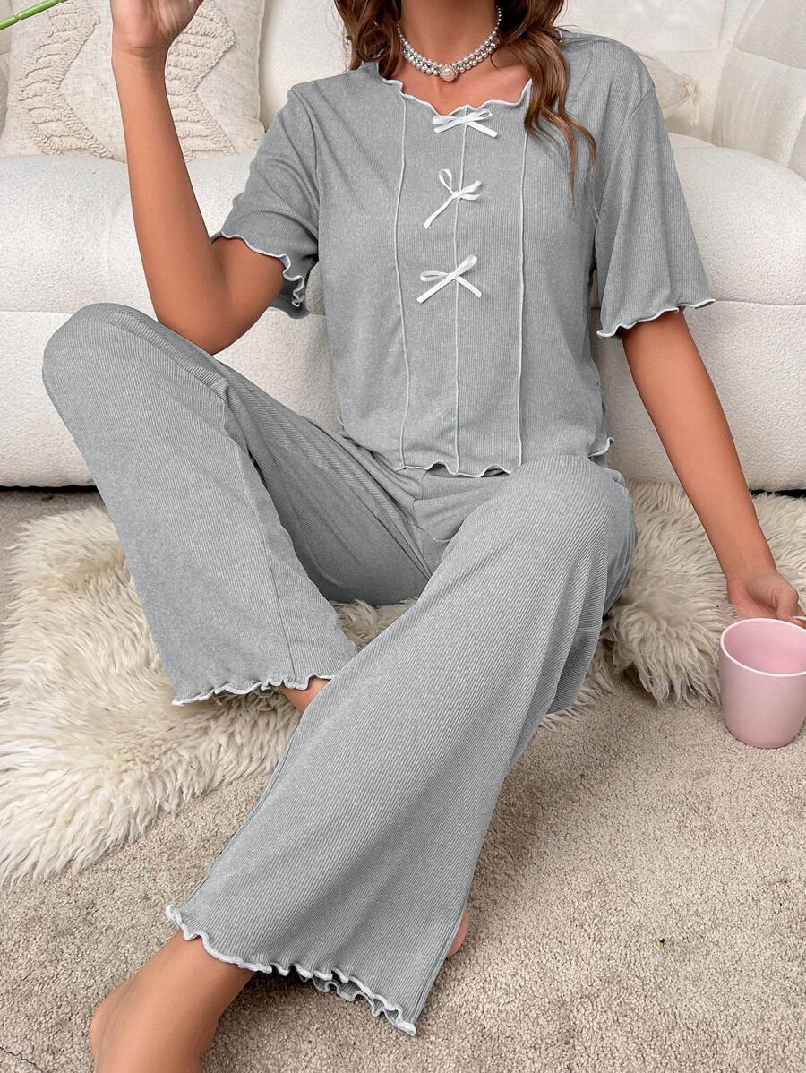 前蝴蝶結木耳邊休閒服套裝 - 淺灰色 - 查看 1