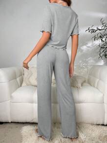 前蝴蝶結木耳邊休閒服套裝 - 淺灰色 - 查看 2
