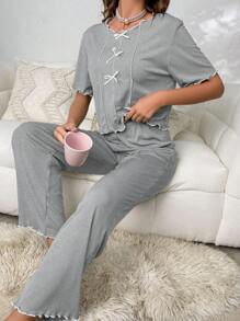 前蝴蝶結木耳邊休閒服套裝 - 淺灰色 - 查看 5