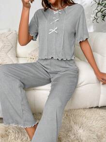 前蝴蝶結木耳邊休閒服套裝 - 淺灰色 - 查看 6