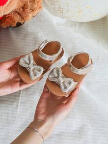 Girls Metallic Bow Decor Anti-slip Party Ankle Strap Sandals Summer - Gold - View 3
