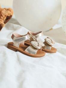 Girls Metallic Bow Decor Anti-slip Party Ankle Strap Sandals Summer - Gold - View 4