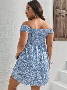 Dreamara Plus Ditsy Floral Off Shoulder Dress - Blue and White - View 2
