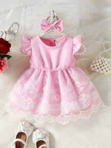 嬰兒嬰兒荷葉邊蕾絲覆蓋連衣裙 - 粉色 - 查看 1