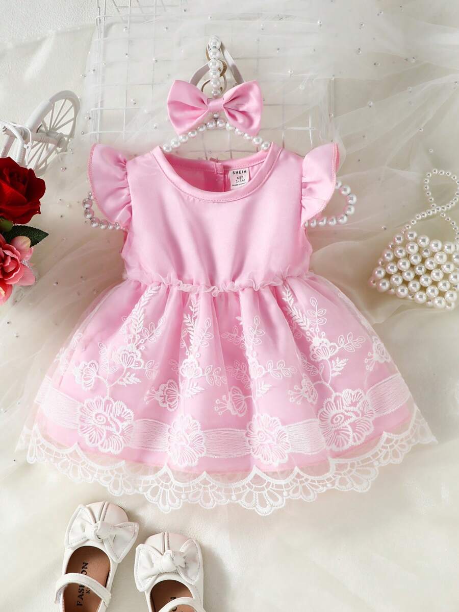 嬰兒嬰兒荷葉邊蕾絲覆蓋連衣裙 - 粉色 - 查看 1