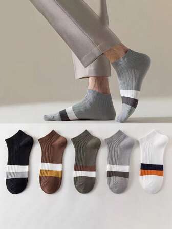 5pairs Men Color Block Ankle Socks, For Gym