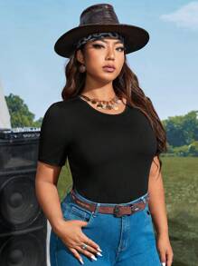 SHEIN VCAY 大碼後鏤空素色連體衣 - 黑色 - 查看 3