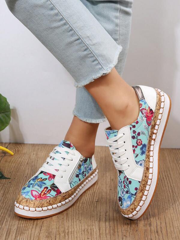 Women Floral Pattern Skate Shoes, Laceup Front Sporty Sneakers SHEIN USA