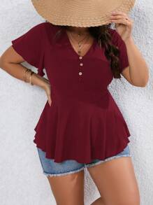 SHEIN LUNE 大碼蝴蝶袖荷葉邊下擺T恤 - 酒紅色 - 查看 1