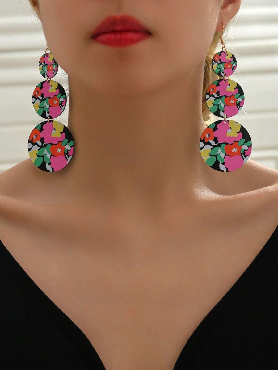 1pair Fashion Acetic Acid Floral Pattern Round Drop Earrings For Women For Daily Life - Multicolor - View 1