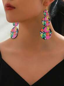1pair Fashion Acetic Acid Floral Pattern Round Drop Earrings For Women For Daily Life - Multicolor - View 2