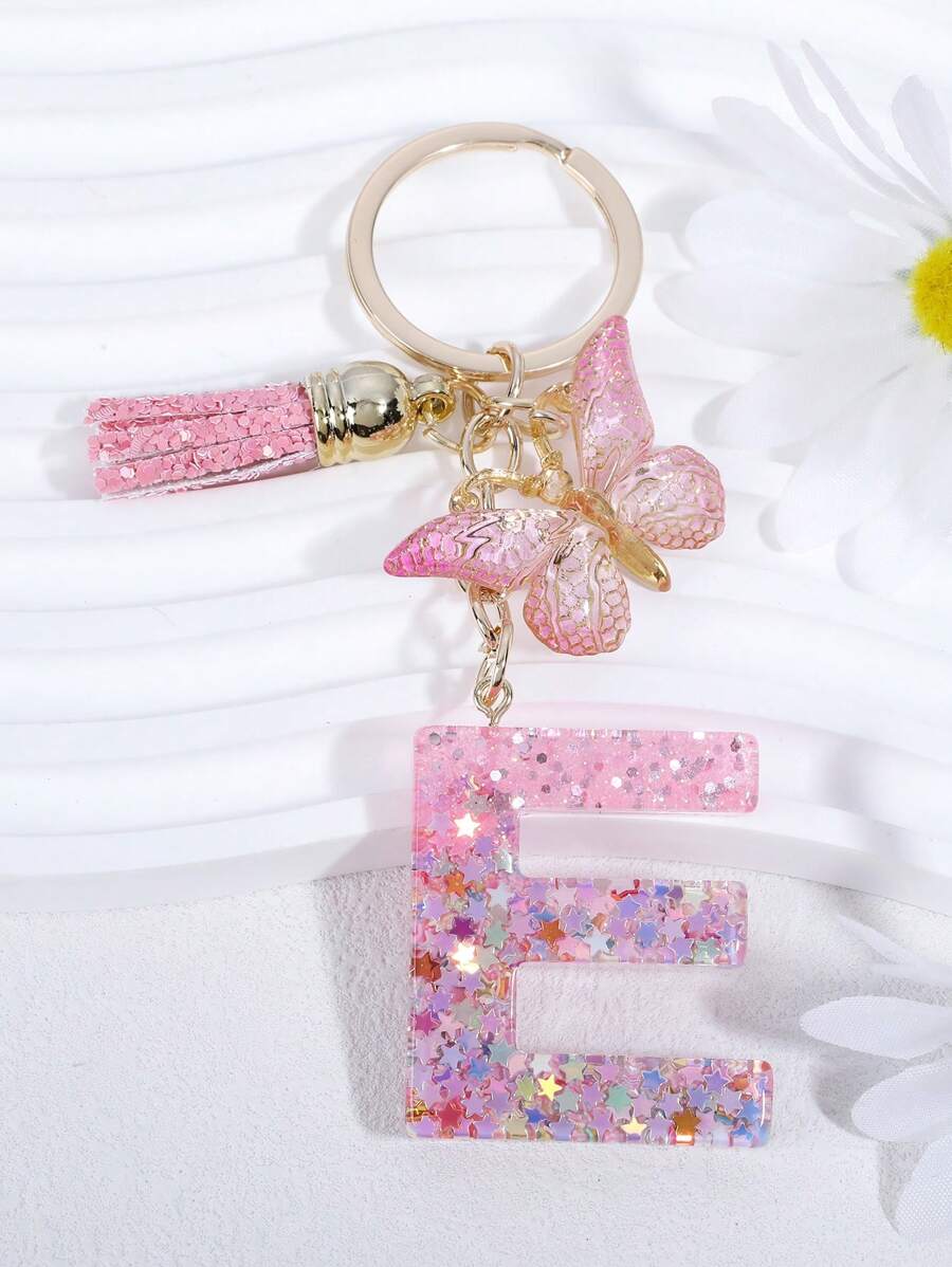 1入組女性流蘇和字母墜飾時尚鑰匙圈適用於鑰匙裝飾用品 - 粉色 - 查看 1