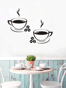 1pc Cangkir Kopi Cetak Stiker Dinding Modern Stiker Dinding PVC Untuk Rumah - Hitam - View 1