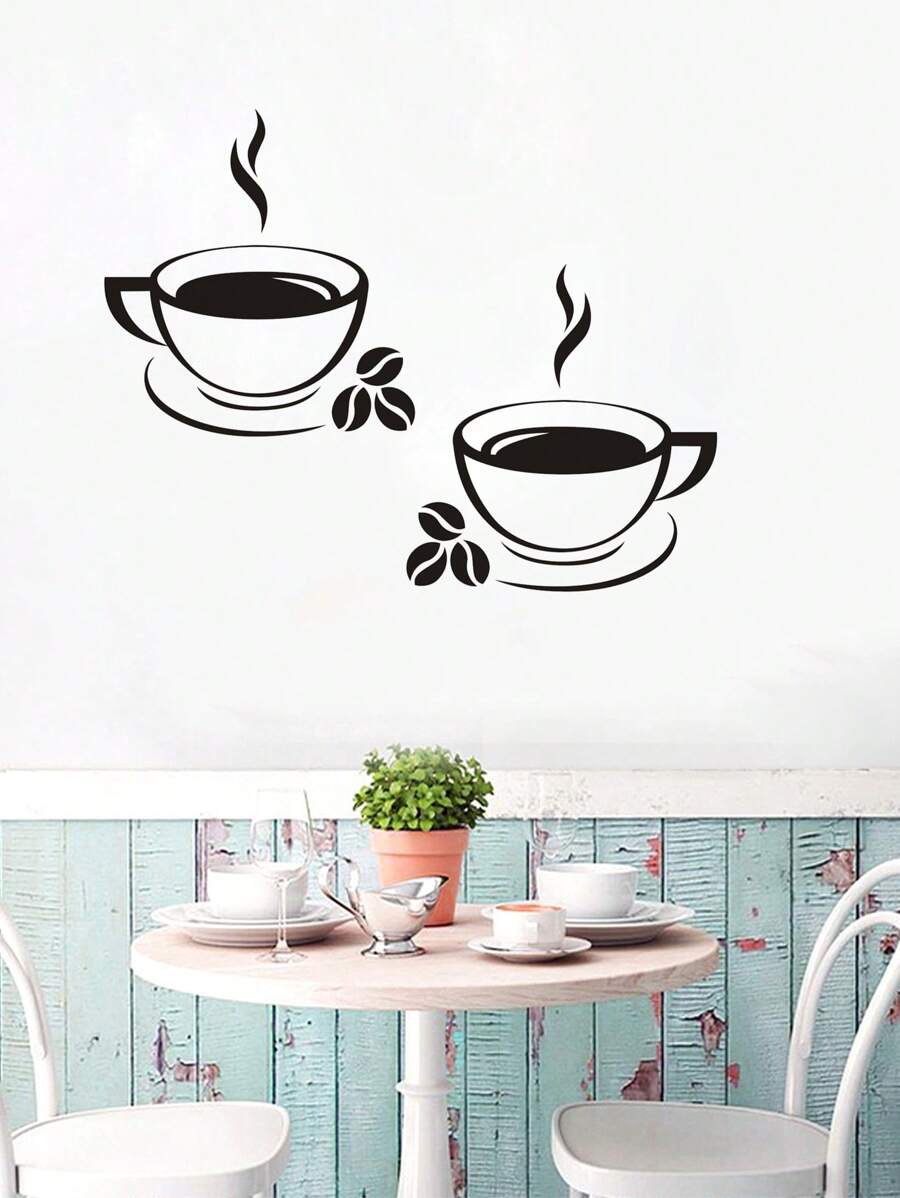 1pc Cangkir Kopi Cetak Stiker Dinding Modern Stiker Dinding PVC Untuk Rumah - Hitam - View 1