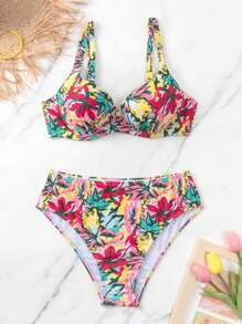 SHEIN Swim Allover Floral Print Push Up Bikini Set For Summer Beach - Multicolor - View 3