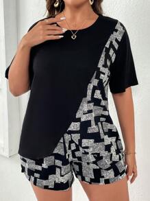 SHEIN LUNE Shorts con camiseta con estampado geométrico - Negro - Ver 3