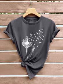 SHEIN LUNE Dandelion Print Tee - Dark Grey - View 1