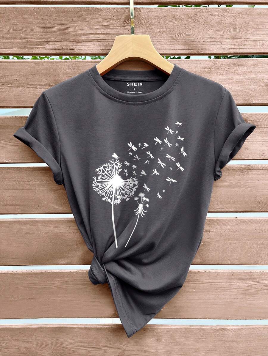SHEIN LUNE Dandelion Print Tee - Dark Grey - View 1