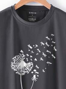 SHEIN LUNE Dandelion Print Tee - Dark Grey - View 5