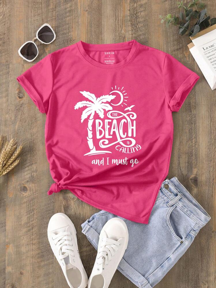 SHEIN LUNE เสื้อยืด กราฟฟิค ทรอปิคอล & ตัวอักษร - สีชมพูบานเย็น - ดู 1