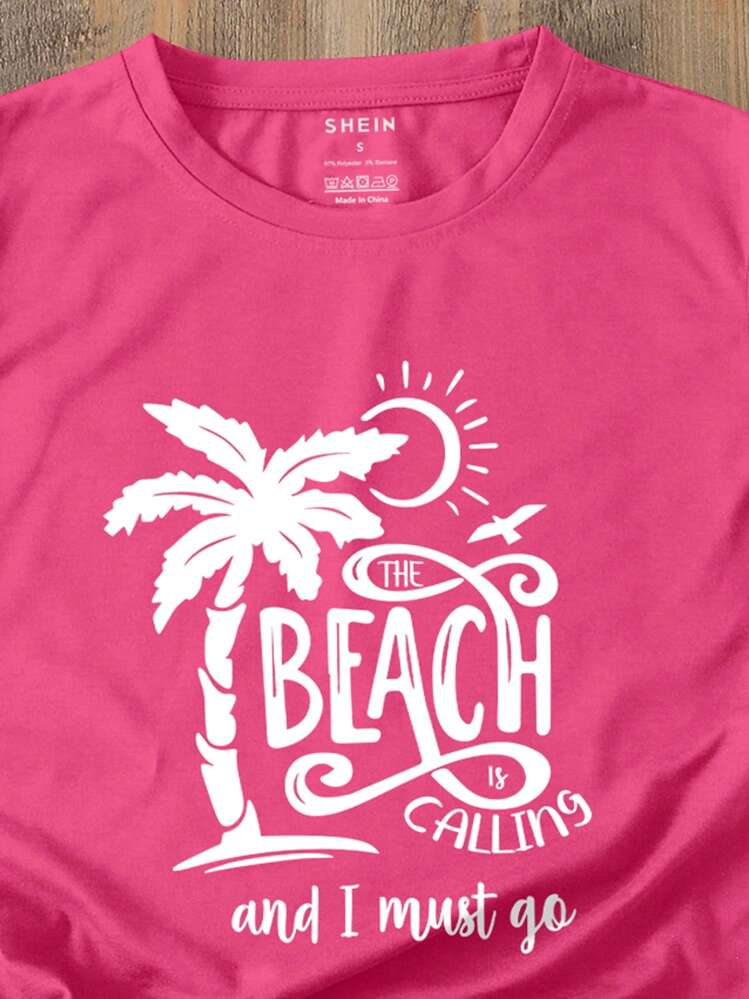 SHEIN LUNE เสื้อยืด กราฟฟิค ทรอปิคอล & ตัวอักษร - สีชมพูบานเย็น - ดู 4