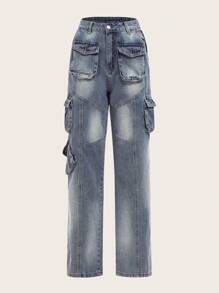 ROMWE Grunge Punk Flap Pocket Cargo Jeans - Medium Wash - View 1